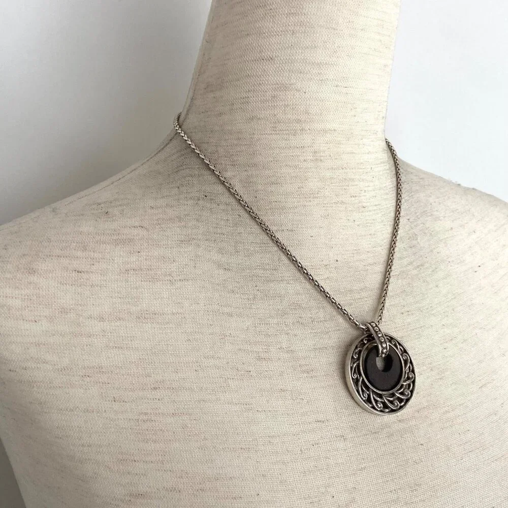 Brighton Katu Collection Silver Plated Round Wood Pendant Necklace 16